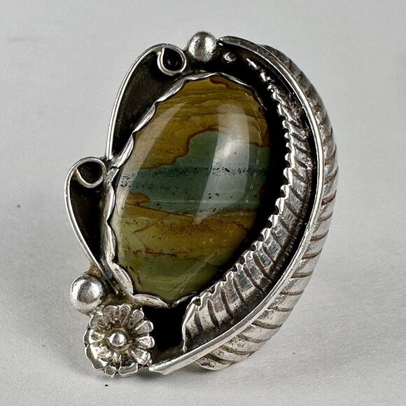 Old Pawn Navajo Statement Ring‎ Size 6.5 Blue Mountain Jasper Gem Sterling 13.7g - Picture 1 of 10
